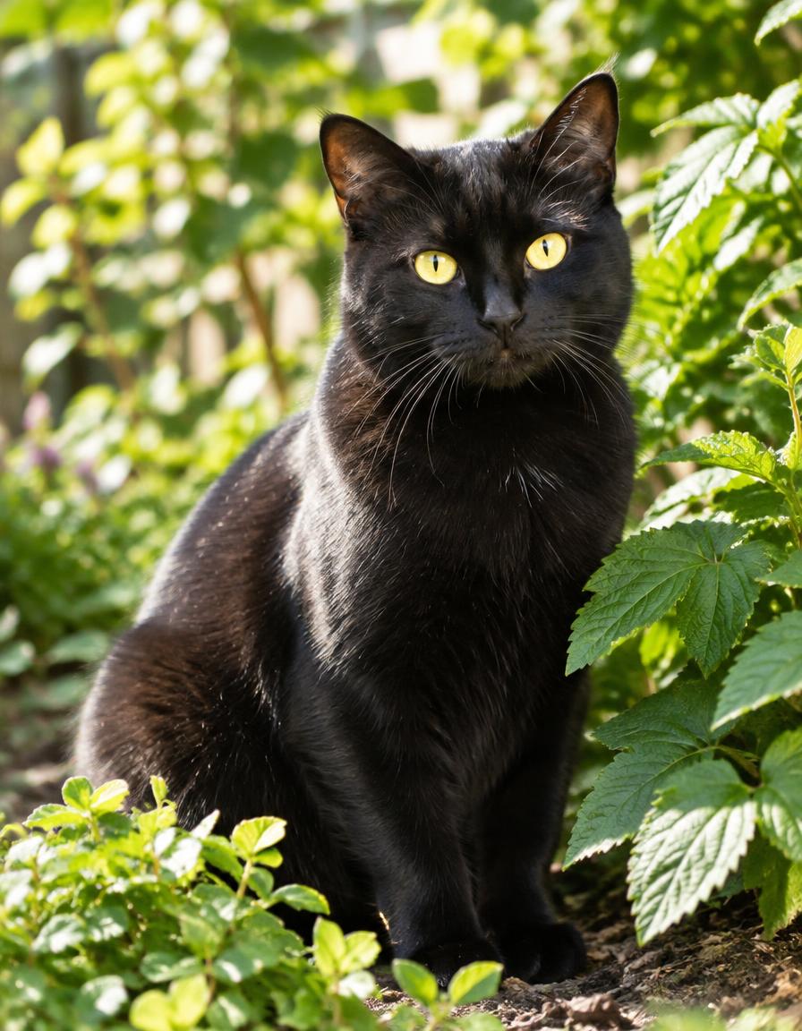 Black cat with yellow eyes sitting in a green garden