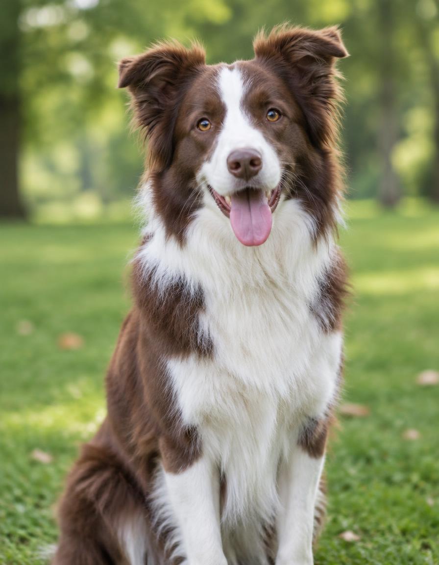 Brown and white border collie smiling in a sunny park