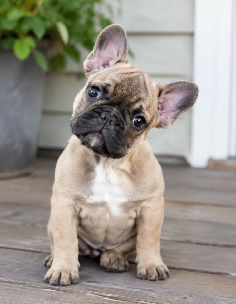 French bulldog puppy tilting its head on a wooden porch